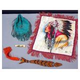 Carved Bone Knife Handle, Carved Folk Art Fish, Leather Beaded Pouch And Printed Native American Pil