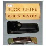 Vintage 110 Buck Folding 4" Hunter Pocket Knife With Leather Sheath In Original Box