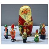 Hand-Painted Russian 7 Piece Ornament Set Including Nesting Matryoshka Doll Christmas Father Frost S