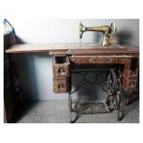Antique 6 Drawer Treadle Sewing Machine Table, With Antique Franklin Sewing Machine, 32" x 34.5" x 1