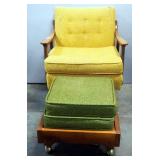 Midcentury Modern Spring Loaded Armchair, And Rolling Foot Stool With Cushions