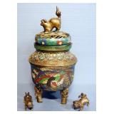 Antique Japanese Enameled Bronze Senser  With Foo Dog Motif, 18" High x 10" Diameter