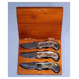 James Hartman Presentation Folding Knives With Images Depicting Buffalo, Horses, And Native American