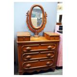 Antique Dresser With 3 Drawers And 2 Glove Boxes, With Swivel Mirror
