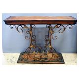 Metal Entry Table With Wood Style Appearance And Vine Design Supports, 33.5" High x 44" Wide x 12" D