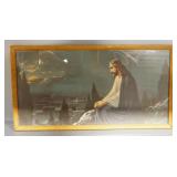 Vintage Image Of Christ On Mount Of Olives And Original Chalk Drawing Of Water Scene, Both Framed Un