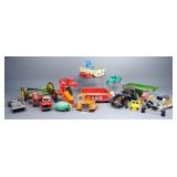 Vintage Tin Toy Parts And Pieces, Includes Tractors, Trucks, Cars, And More