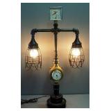 Unique Industrial Style Table Lamp With Clock And Gauge, 30" High, Bulbs Power On