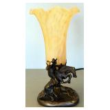 Tulip Table Lamp With Brass Base With Frederic Remington Bronco Buster Figurine, 7.75" High, Powers 