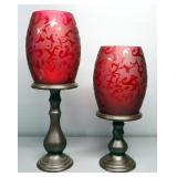 Candle Stands With Frosted Red Glass Shades, Qty 2, 15.5" And 12.5" High