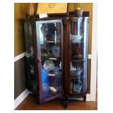 Antique Curved Glass Curio Cabinet On Casters, With Key, 4 Wood Shelves, 61" X 42" X 14