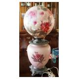 Converted Antique Victorian Hurricane Oil With Floral Peony Motif, 28.5" Tall