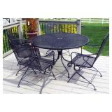 Round Wrought Iron Patio Pedestal Table, 29" x 48", And Spring Loaded Chairs, Qty 4