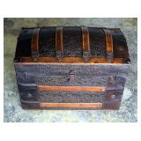 Antique Camelback Storage Trunk, With Leather Handles And Stamped Hardware And Accents, 26" x 30.5" 