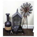 Metal Hanging Windmill Clock, 33" Tall, Decorative Lantern Cabinet, Metal Vase And More, 5 Pieces To