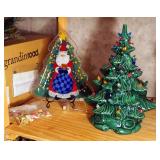 Ceramic Lighted Christmas Tree With Ornaments And A Painted Santa Christmas Tree Plate