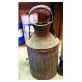 Antique 5 Gallon Metal Can With Pour Spout And Swivel Handle, Oil Can, And Smudge Pot