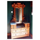 Antique Victorian Drop Well 6-Drawer Dresser With Marble Top, Tear Drop Handles And Mirror, 81" x 43