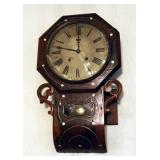 Antique Pendulum Wall Clock With Mother Of Pearl Inlay, 27" x 18" x 5"