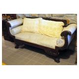 Antique Carved Empire Sofa With Claw Feet, 33" x 73" x 24", Includes Crocheted Pillows
