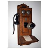 Antique American Electric Telephone Co. Oak Wall Telephone, 25" x 8" x 12"