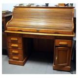 Antique Solid Oak 6-Drawer Roll Top Desk, 49" x 54" x 34"