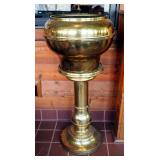 Brass Pedestal Plant Stand/Urn, 41" Tall, 19" Diameter, And Wood Plant Stand, 41.5" Tall