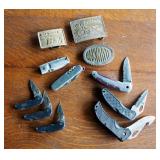 Brass Indian Motorcycle, BSA And Macwhite Belt Buckles And Assorted Pocket Knives