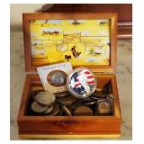 American & Foreign Coin Currency In Cedar Trinket Box