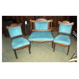 Antique Upholstered East Lake Parlor Set, Including Bench, 35" x 32" x 21", And 2 Chairs, 35" x 19" 