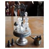 Silver Plated Cruet Set, Saucier And Sterling Silver Salt And Pepper Shakers