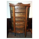 Antique Solid Oak Curved Glass Curio Cabinet With Carved Claw Feet And 5 Wood Shelves, 69" x 41" x 1