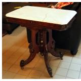 Antique Pedestal Accent Table With Marble Top On Wood Casters, 30.75" x 32" x 20.5"