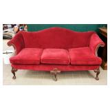 Antique Camel Back Upholstered Sofa With Carved Wood Accents, Nail Head Trim, And Claw Feet, 35.5" X