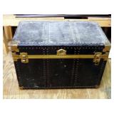 Antique Steamer Trunk With Reinforced Metal Sides, Hardware And Leather Handles, 24" x 36" x 21"