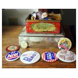 Straw Hat, Vintage Political And Souvenir Pins, Buttons, Includes, 1926 Hunting License And More
