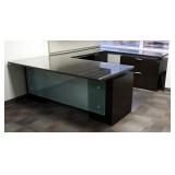 Left Facing U-Shaped Modular Desk With Glass Top Including 2 & 3 Drawer Pedestal File Cabinets W/ Ke