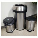 Stainless Steel Waste Receptacles, Qty 3, Including 31" Kitchen Can And 17" Foot Action Cans With Li