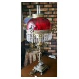 Antique Ornate Figural Cherub Victorian Parlor Oil Banquet Lamp, Converted To Electric, 38" Tall, Ru