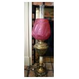 Antique Oil Lamp With Marble Stem And Frosted Cranberry Glass Shade, Converted To Electric, 31" Tall