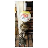 Antique Ornate Cherub Oil Banquet Lamp With Hand Painted Glass Shade, 40" Tall