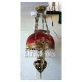 Antique Oil Hanging Library Lamp With Ruby Red Glass Shade And Font 34" High with 14" Diameter Shade