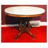 Antique Oval Shaped Walnut Parlor Table with White Marble Top, 27" x 35" x 27"