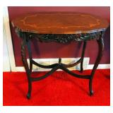 Antique Carved Wood Parlor Table With Floral Inlay Top 28.5" x 33" x 22"