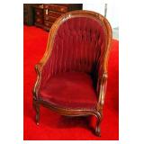 Antique Carved Wood Frame Club Chair With Maroon Button Tufted Upholstery And Nail Head Trim, 37" x 