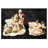 Vintage Dresden Lace Porcelain Figures, Qty 2, Woman With Dogs, 9" x 9", And Woman On Lounge With Ma