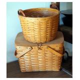 Longaberger 17" Picnic Basket With Lid, And 14" Planter With Leather Handles