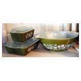 Vintage Pyrex Crazy Daisy Kitchenware, Including 10" Serving Bowl, Glass Refrigerator Boxes, Qty 2, 