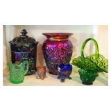 Carnival Glass 10" Cookie Jar With Lid, 9" Sunflower Vase, Footed Bowl, Green Glass Basket And More