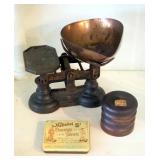 Antique Cast Iron Candy Scale With Copper Bowl, Tin Chocolate Container And More